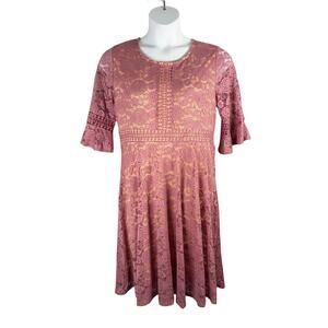 Twink Lady Dress Womens XL Mauve Pink Lace with Nude Underlay Bell Half Sleeves